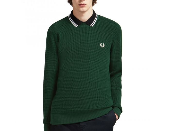 Fred Perry Waffle Textured Crew Neck Jumper Fred Perry Evergreen